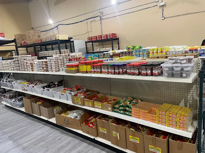 Shelves stocked with African grocery products at African Market and Restaurant