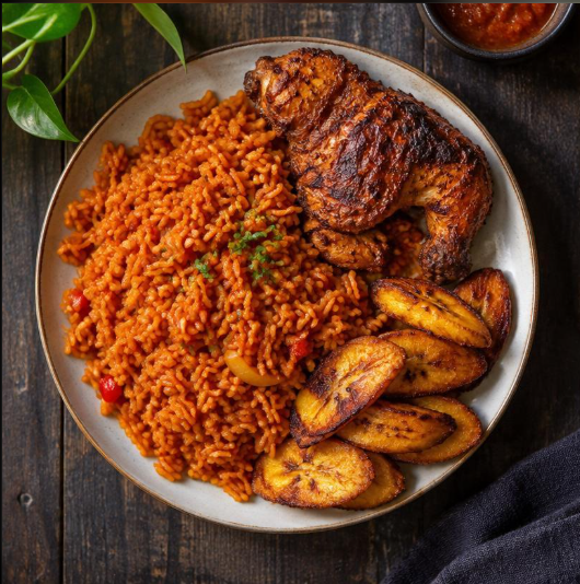 Nigerian jollof rice with grilled chicken and fried plantains