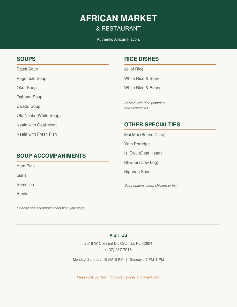 Preview of African Market and Restaurant's printable menu, listing soups, rice dishes, specialties and soup accompaniments